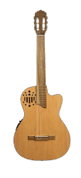 Guitarra acústica de diseño moderno con agujeros resonadores en la tapa.