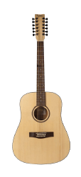 Guitarra acústica de doce cuerdas en fondo blanco.