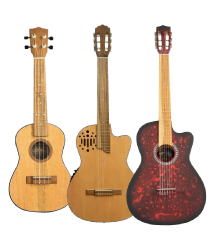 Tres guitarras acústicas sobre fondo degradado.
